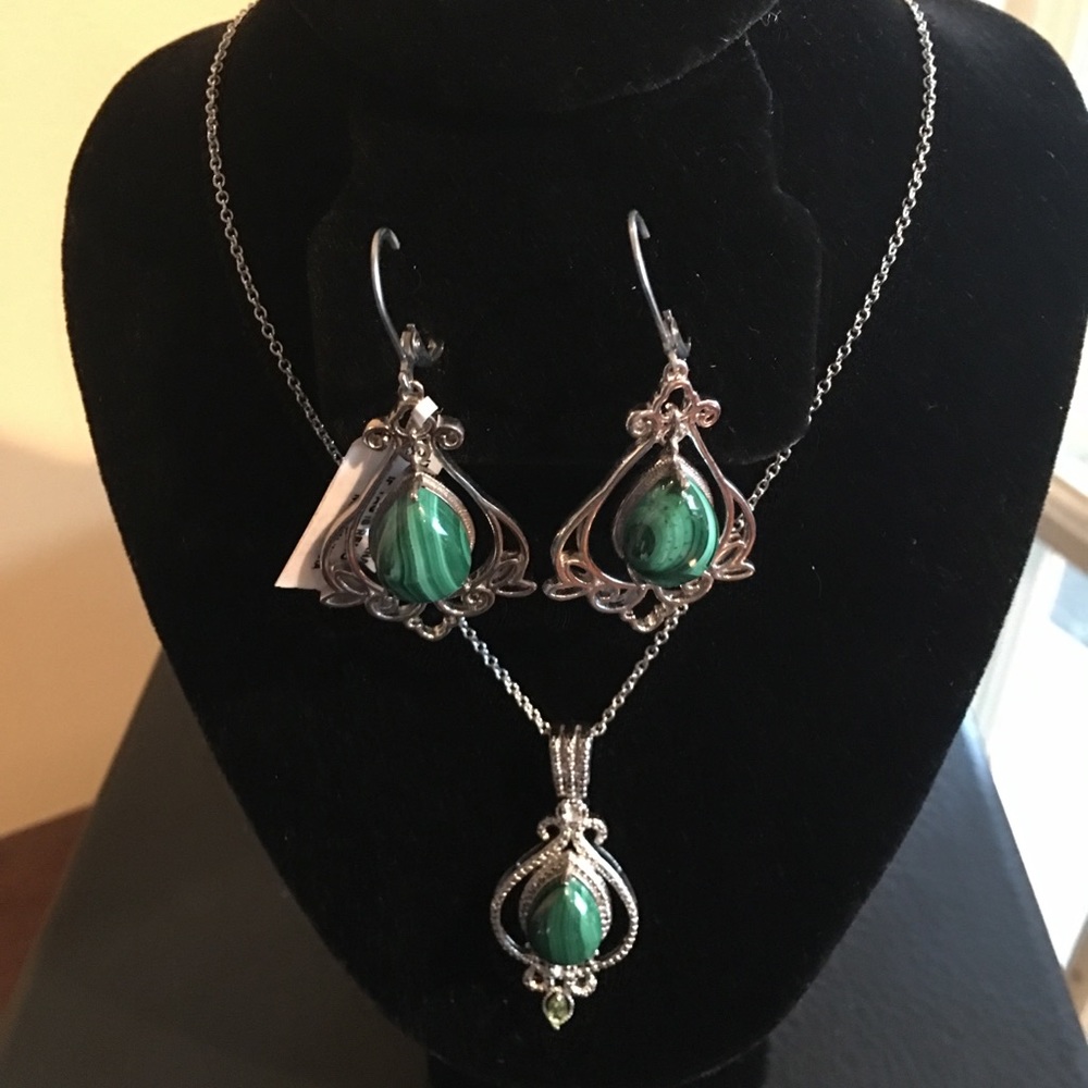 4 pc Green Malachite & Sterling Silver Set